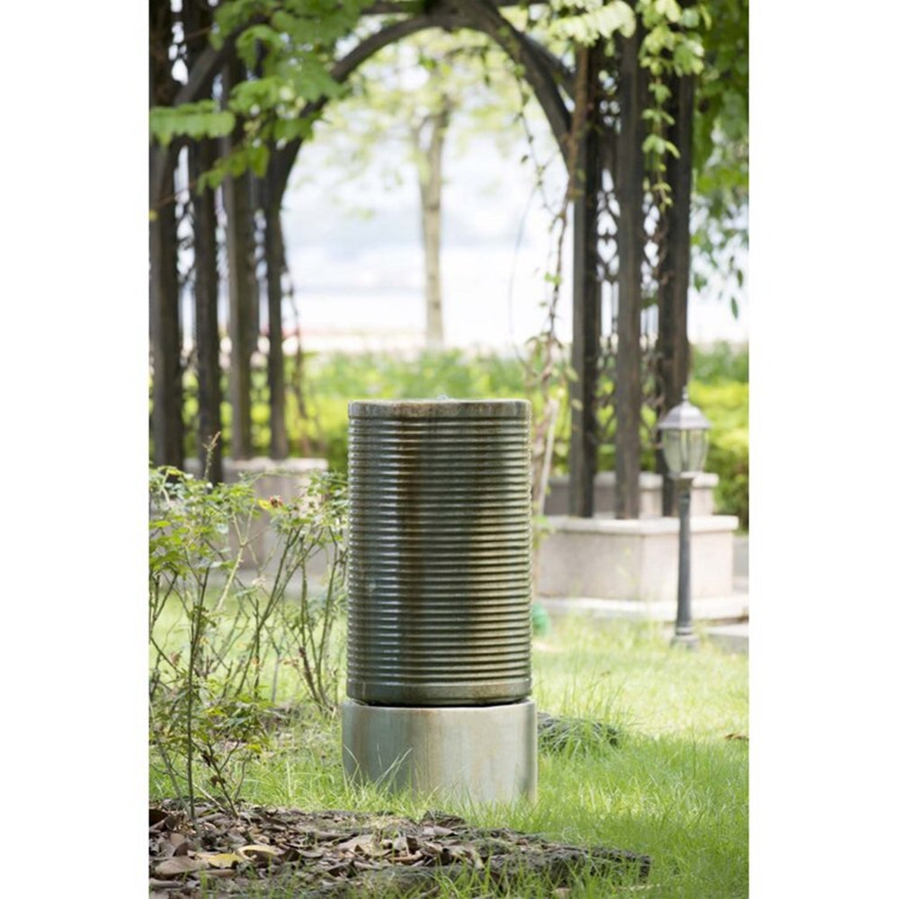 44" Tall Large Modern Cylinder Ribbed Tower Water Fountain With Rustic Base, Contemporary Antique Green Copper Finish Outdoor Bird Feeder / Bath Cement Fountain