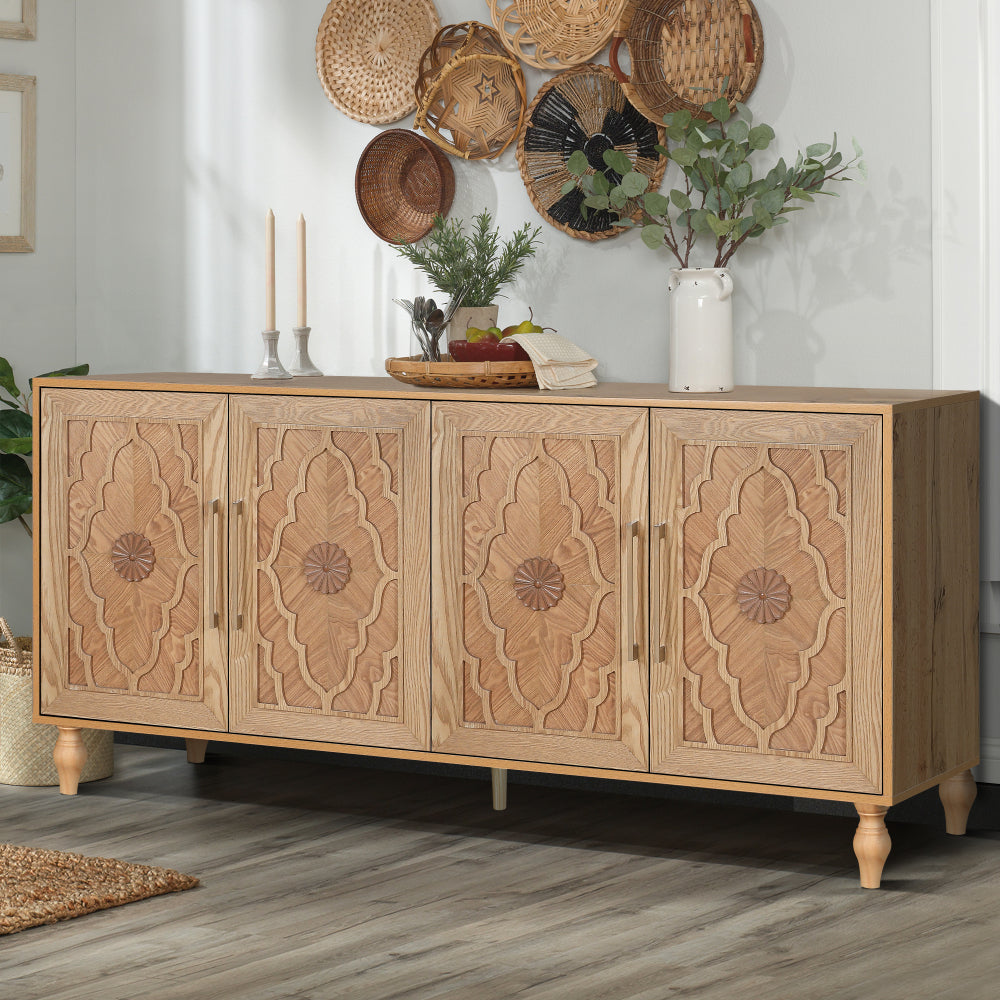 Carved Flower Door Large Storage Cabinet With Metal Handle Suitable For Living Room, Kitchen, Entryway(NATURAL WOOD)