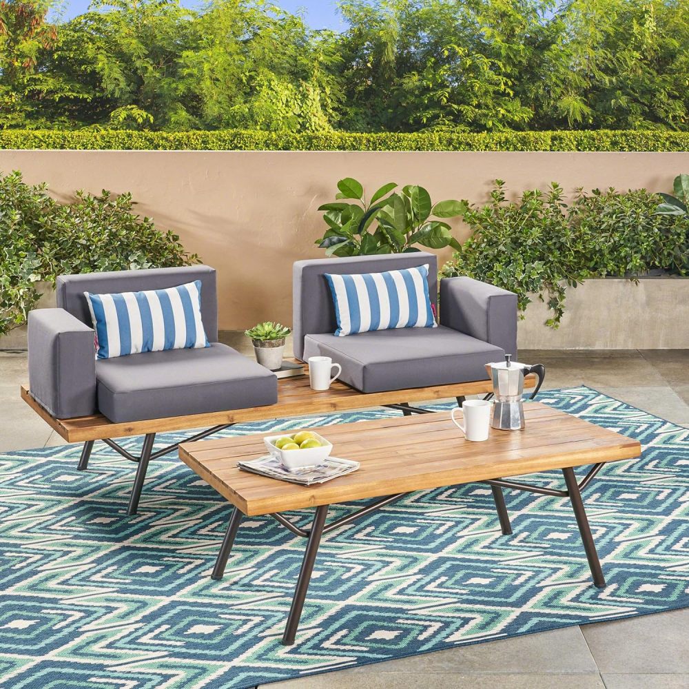 Outdoor Acacia Wood 2 Seater Sofa with Metal Legs for Garden Patio