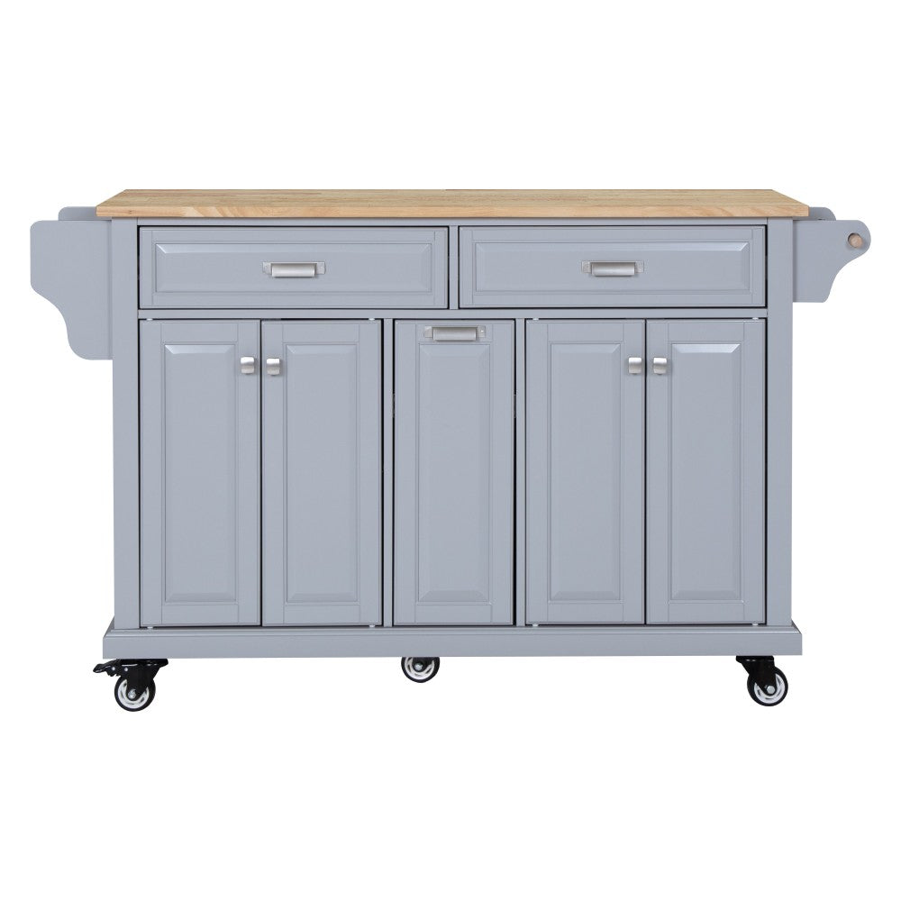 Kitchen Island with Rubber wood Countertop, Kitchen Cart on 5 Wheels with Storage Cabinet and 2 Top Drawers and A center double layered storage drawer for Dinning Room, Grey