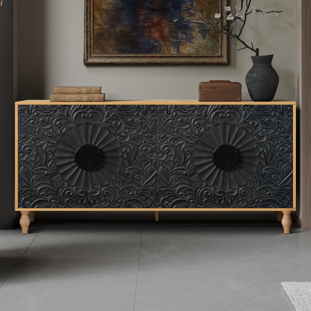 Carved Flower Door Large Storage Cabinet With Metal Handle Suitable For Living Room, Kitchen, Entryway(NATURAL WOOD)