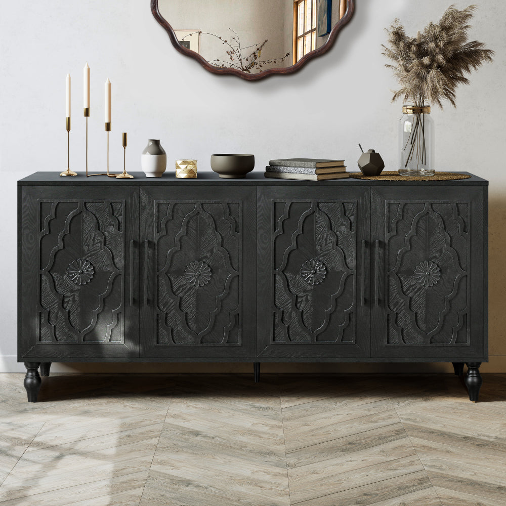 Carved Flower Door Large Storage Cabinet With Metal Handle Suitable For Living Room, Kitchen, Entryway(NATURAL WOOD)