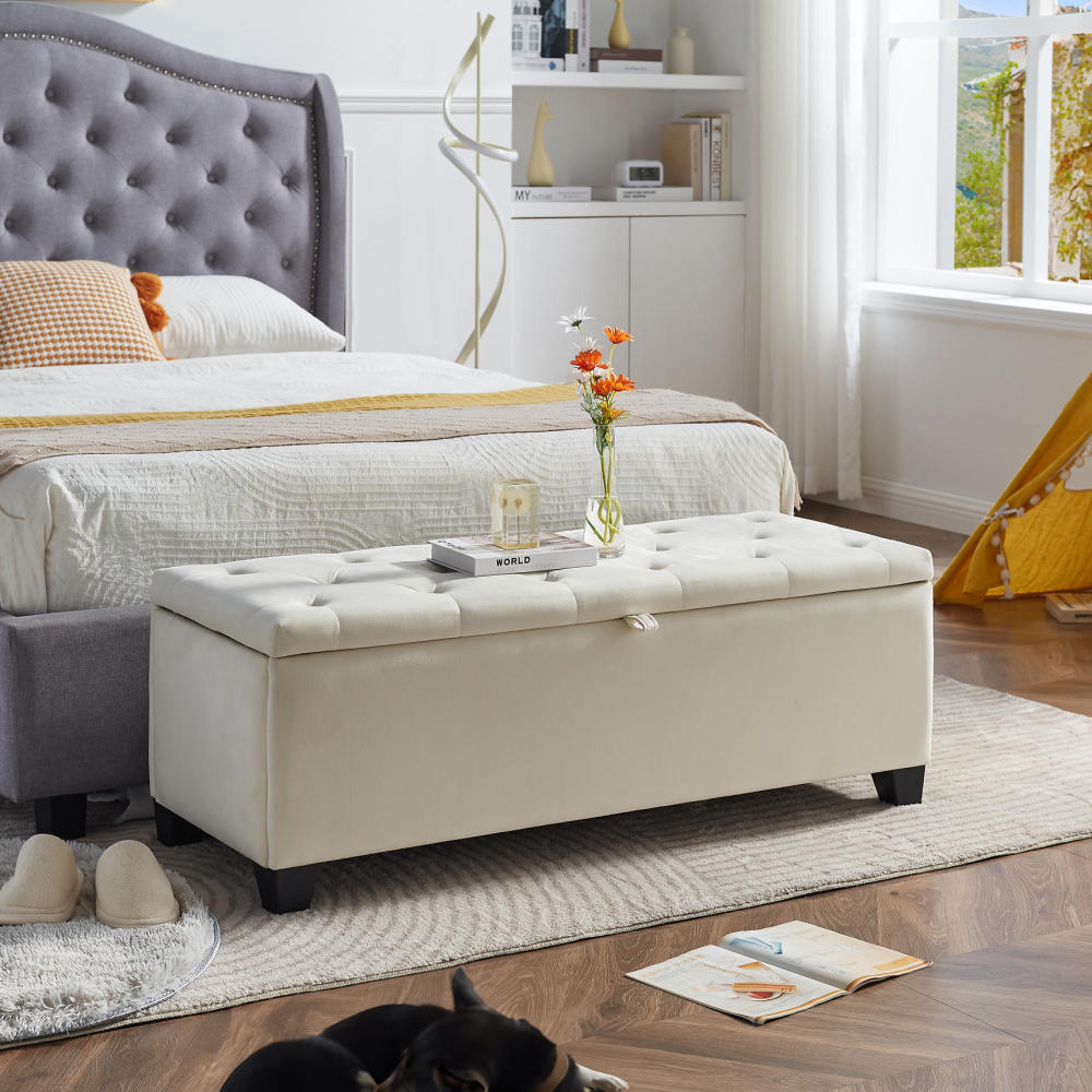 Fashion Beige Velvet Fabric Upholstered large storage rectangular bench for Entryway Bench,Bedroom end of Bed bench.foot of the Bed,Bench for sofa for living room