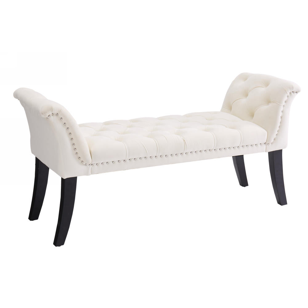 Armrest Button-Tufted Ottoman Bench, Upholstered Footrest Stool Rectangular Beige Velvet fabric Accent Bench for Entryway Dining Room Living Room Bedroom Beige Full KD