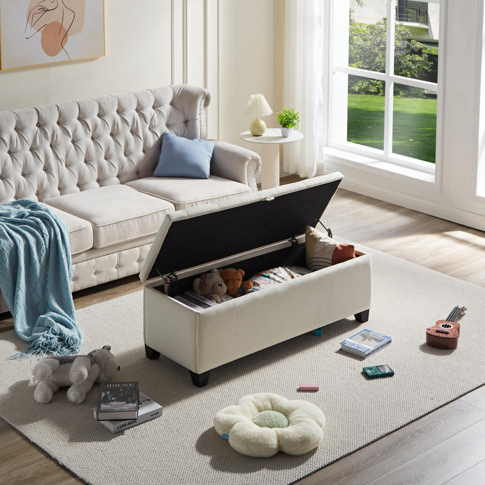Fashion Beige Velvet Fabric Upholstered large storage rectangular bench for Entryway Bench,Bedroom end of Bed bench.foot of the Bed,Bench for sofa for living room
