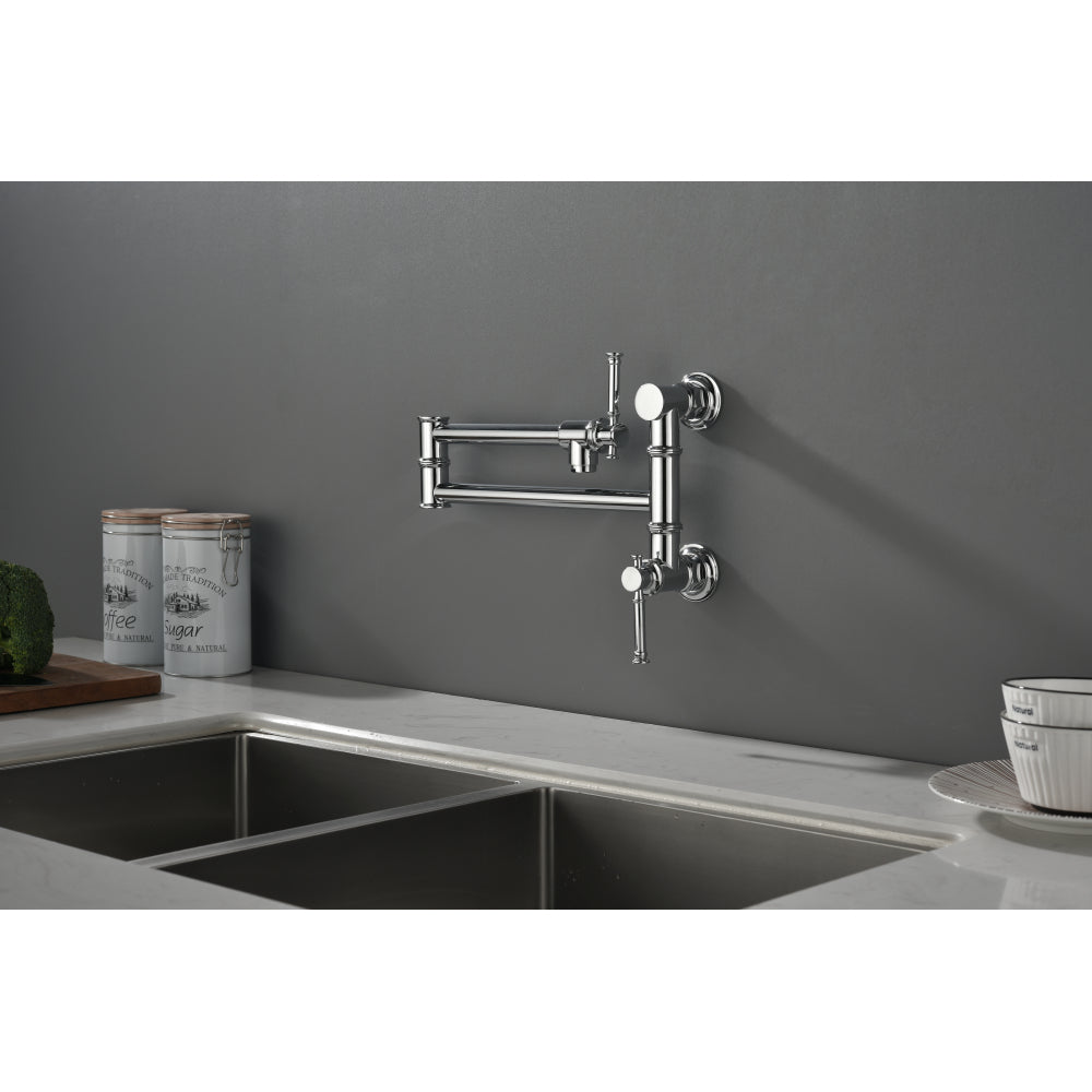 Wall mounted Pot Filler Faucet, Modern Brass Pot Filler Two-Attachment Wall Mount Folding Kitchen Pot Filler Swing Arm