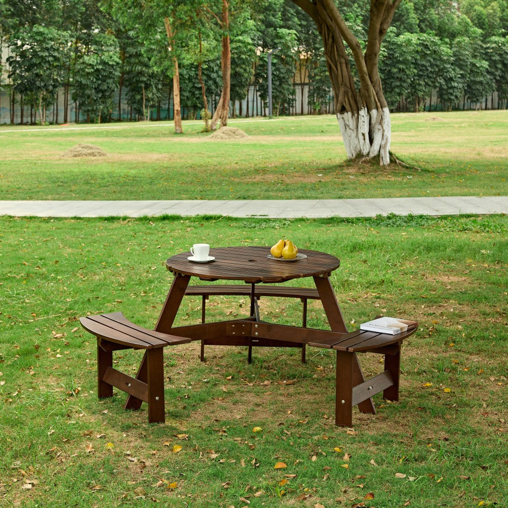 Outdoor 8 Person Picnic Table, 8 person Round Picnic Table with 4 Built-in Benches, Umbrella Hole, Outside Table and Bench Set for Garden, Backyard, Porch, Patio, Natural