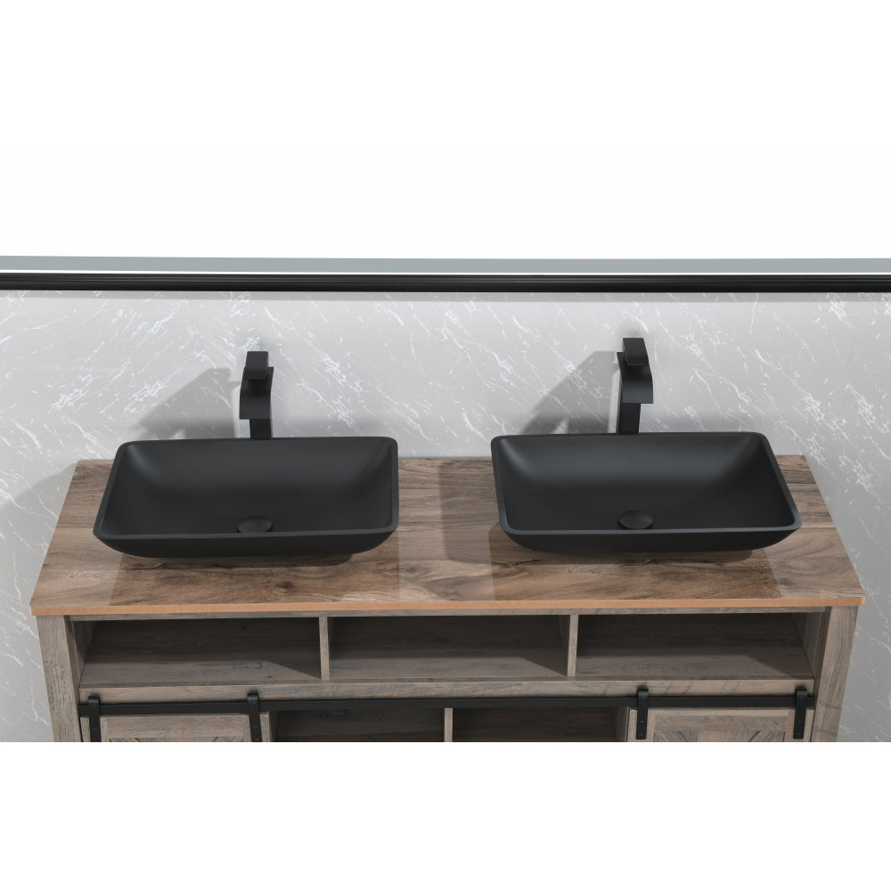 22" L -14" W - 4" H Matte Black Glass Rectangular Vessel Bathroom Sink with Faucet and Pop-Up Drain in Matte Black