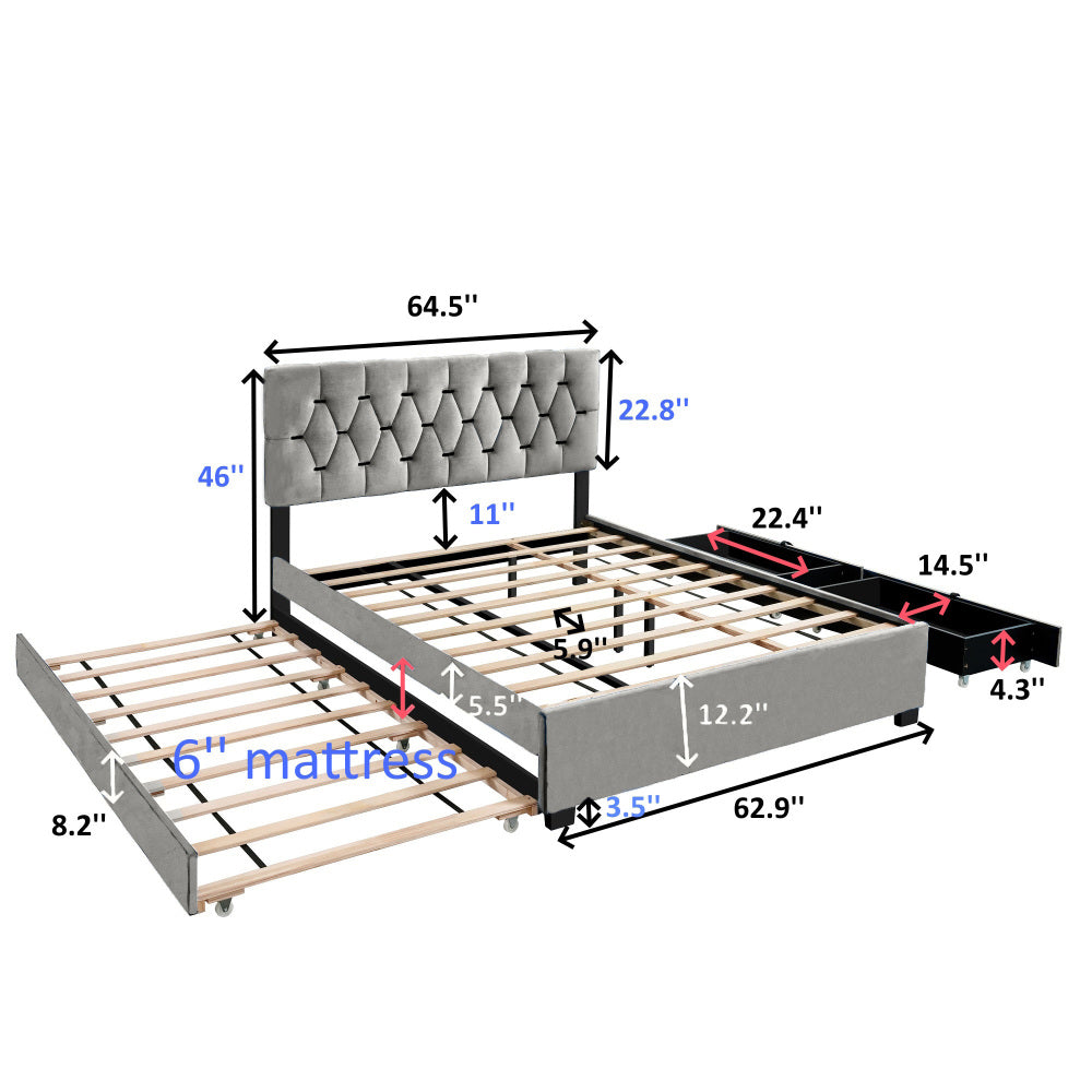 GRAY QUEEN SIZE TRUNDLE PULL OUT DRAWERS STORAGE UPHOLSTERED BED MODERN DESIGN NO BOX SPRING REQUIRED