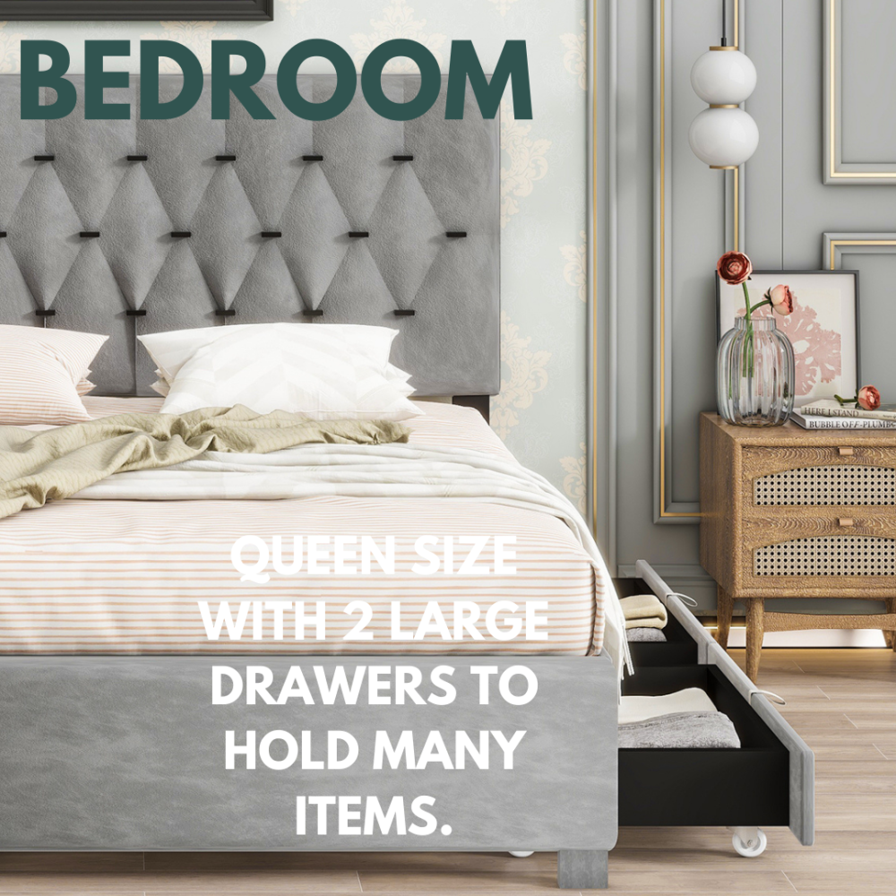 GRAY QUEEN SIZE TRUNDLE PULL OUT DRAWERS STORAGE UPHOLSTERED BED MODERN DESIGN NO BOX SPRING REQUIRED
