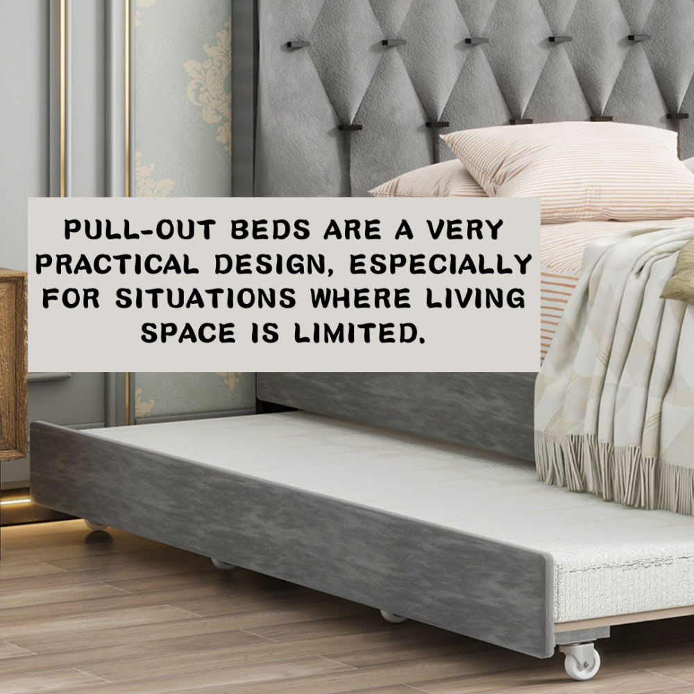 GRAY QUEEN SIZE TRUNDLE PULL OUT DRAWERS STORAGE UPHOLSTERED BED MODERN DESIGN NO BOX SPRING REQUIRED