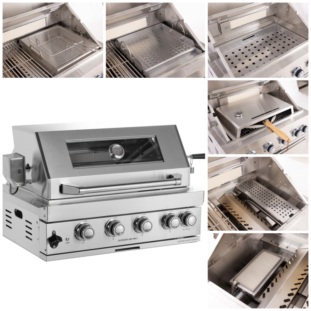Built-in Outdoor Kitchen 32 inch LPG Gas Grill 60000 BTU Stainless Steel Four burners Grill with Infrared Rear Bunrer and Door and Drawer Combo and Drop in Stainless Steel ICE BOX with BBQ Tool Set