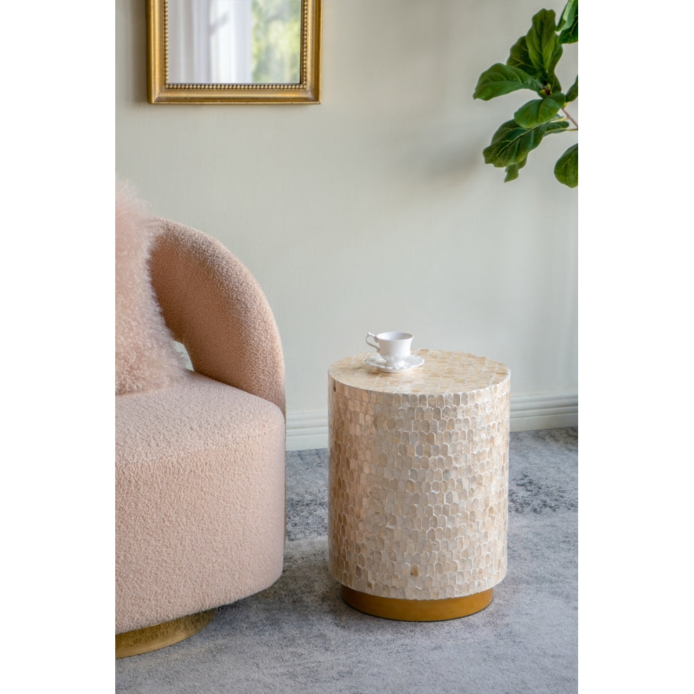 18x18x21" Hexagonal Capes Capiz Stool, Cream/Yellow