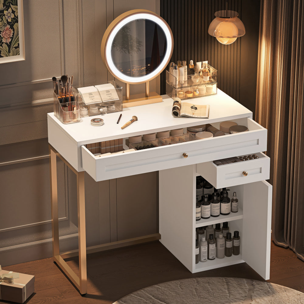 31.5'' Makeup Vanity Desk with Lighted Mirror, Luxury Dressing Table with 2 Drawers and 1 Cabinet, 3 Lighting Modes Available for Bedroom, White-Gold