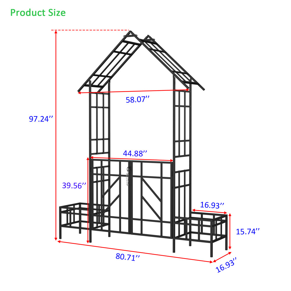 Metal Garden Arch with Gate with planter W80.71*H97.24 Climbing Plants Support Rose Arch Outdoor Black