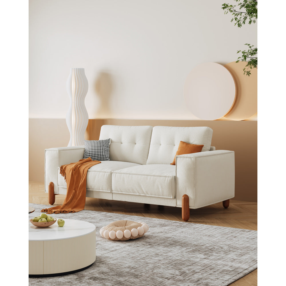Couches for Living Room, Modern Teddy Fabric Upholstered Sofa Tufted Couch with Square Arm and 4 Solid Wood Legs 2 Pillows Decor for Living Room, Office, Apartment