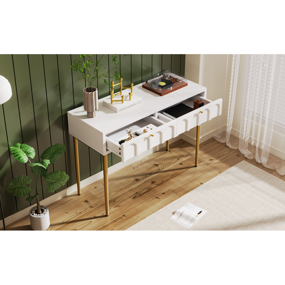 Modern metal leg double drawer dressing table, combining high-quality wood and metal, simple style, multifunctional dressing table, suitable for bedroom, living room, and office use