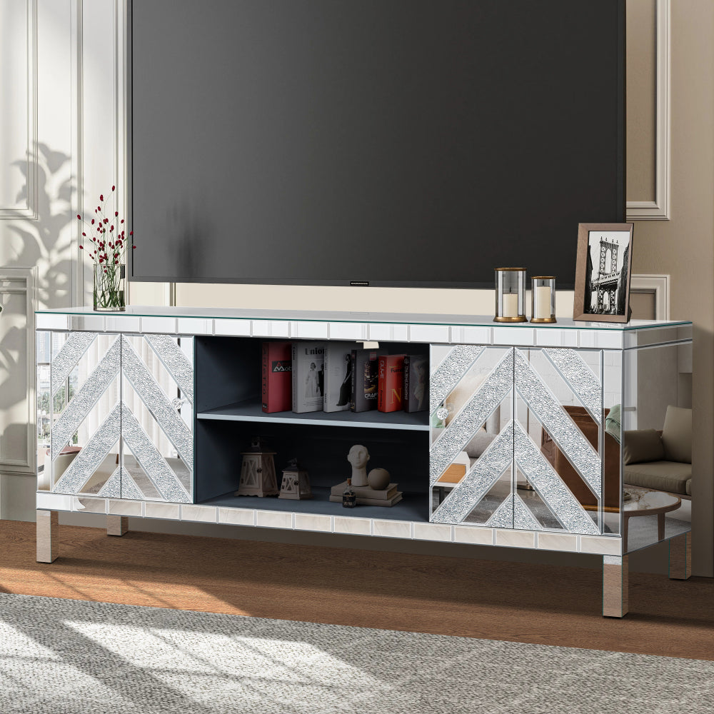 Mirrored TV Stand for 65+ inch TV,Sliver TV Console Table with Open Storage & 2 Storage Cabinets ,M Shape Sparkling Mirror Doors for Living Room(59''W x 25.2''H x 15.7D)