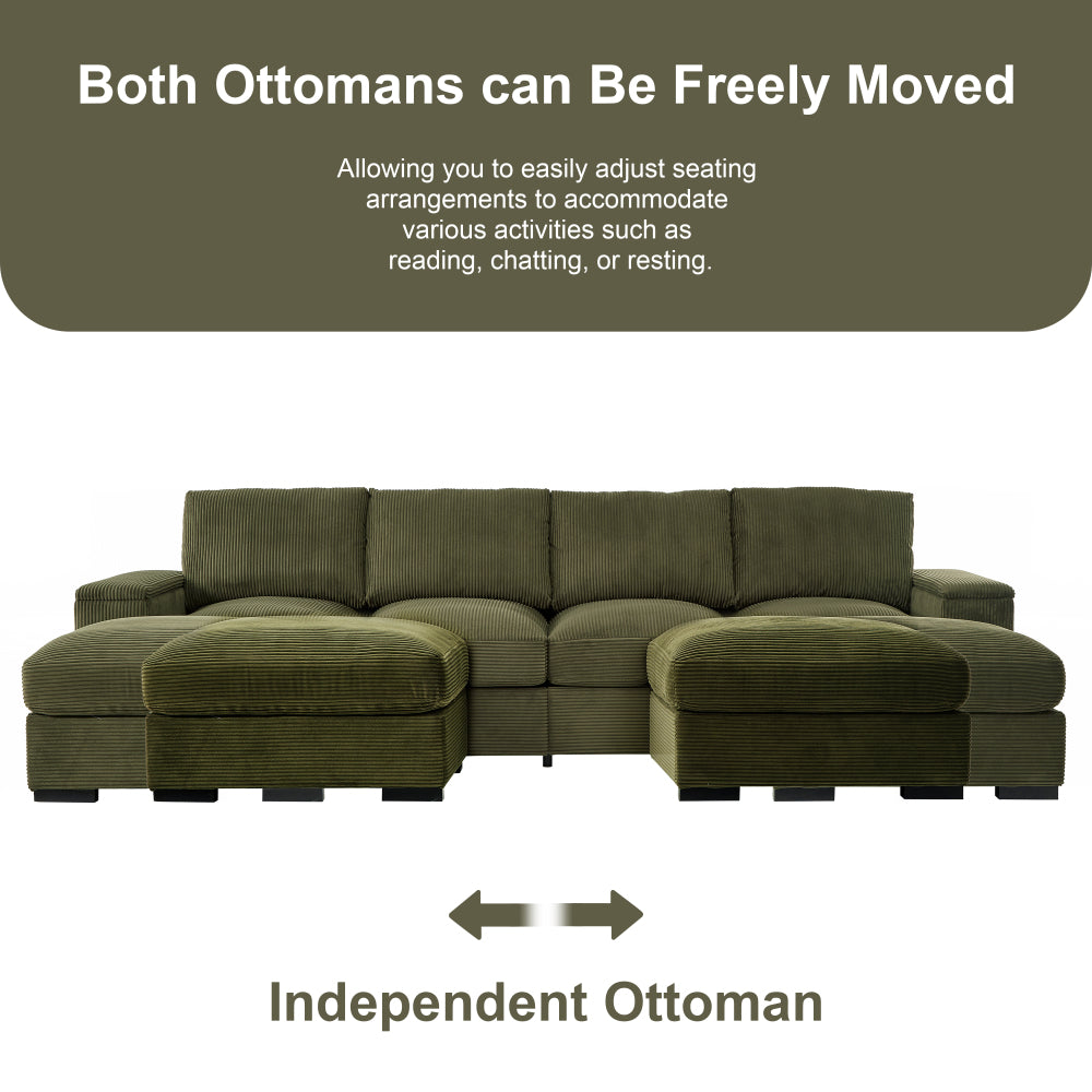Sectional Sofa Deep Seat Sofa Couch with Ottomans, Corduroy Sofa Sleeper Comfy Upholstered Furniture for Living Room, Apartment, Office, (4-Seat & 2-Ottoman, Dark Green)