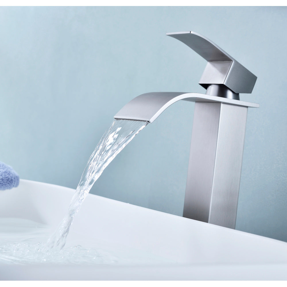 Waterfall Spout Bathroom Sink Single Handle Faucet with Pop-Up Drain (No Overflow)