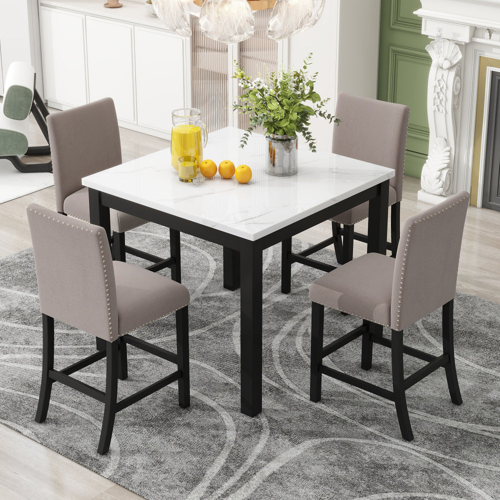 5-piece Counter Height Dining Table Set with One Faux Marble Top Dining Table and Four Velvet-Upholstered Chairs,Brown