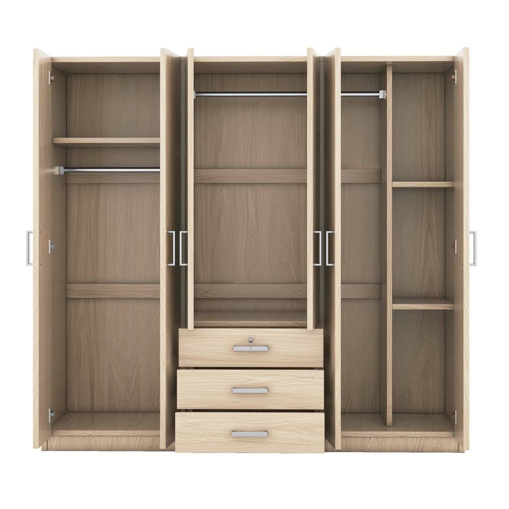 6-Doors Wooden Wardrobe Storage for Bedroom, with Big Drawers, Brown