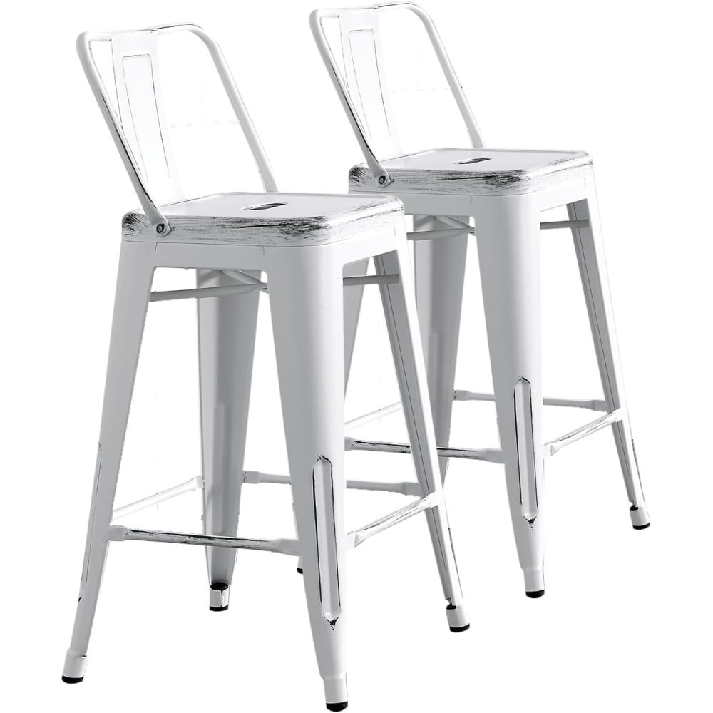 Modern Light Weight Industrial Contemporary Rustic Vintage Costal Metal Barstools with Bucket Back and 4 Leg Design, Seat Bar Stools (Set of 2) (24" Seat, Distressed White)