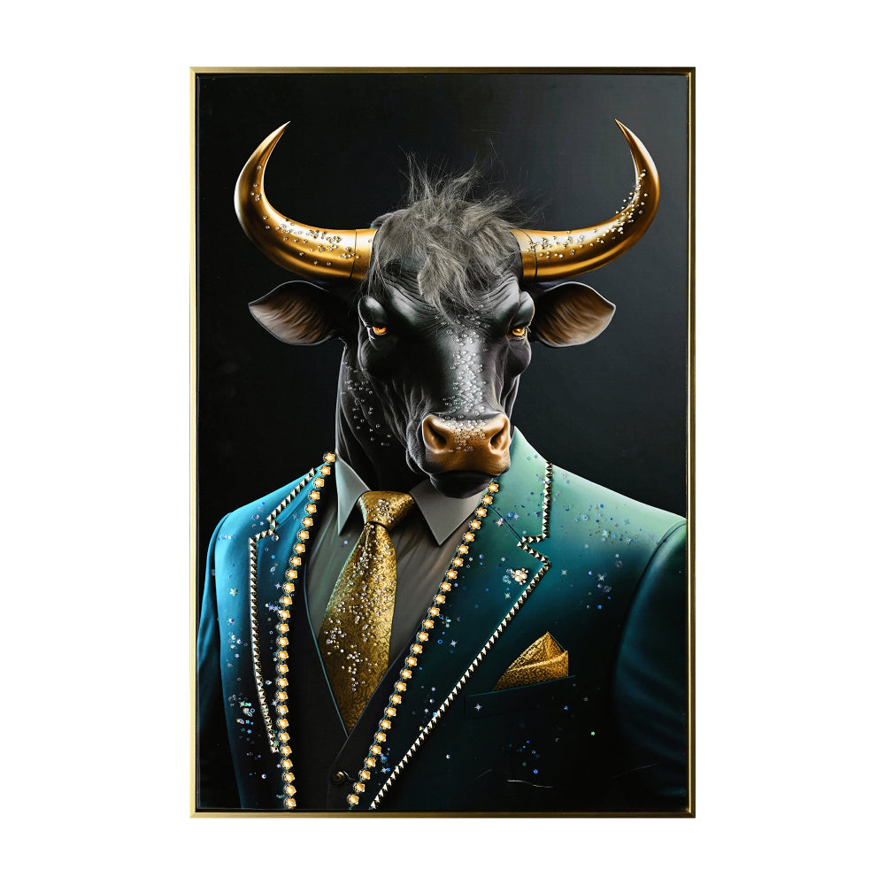 Executive Blue Buffalo Canvas Wall Art - Dapper Animal Portrait in Tailored Suit Modern British Humour Home Decor Premium Gallery Wrapped Artwork for Office Lounge Study Room decorative picture