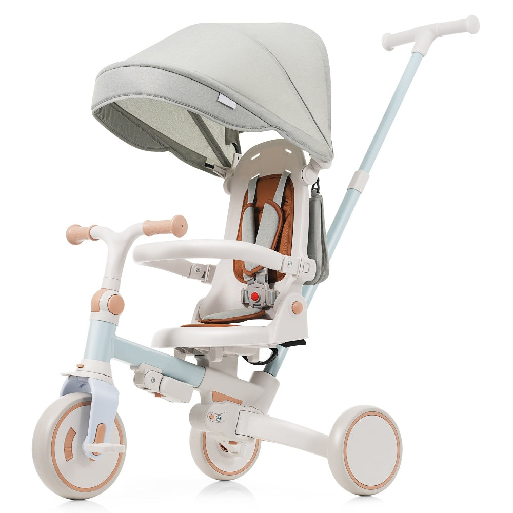 7 in 1 Baby Tricycle, Foldable Toddler Tricycle with Removable and Adjustable Parent Handle, Toddler Push Bike with Removable Pedal, Canopy, and Guardrail, Tricycle for 12-72 Months, ivory and brown