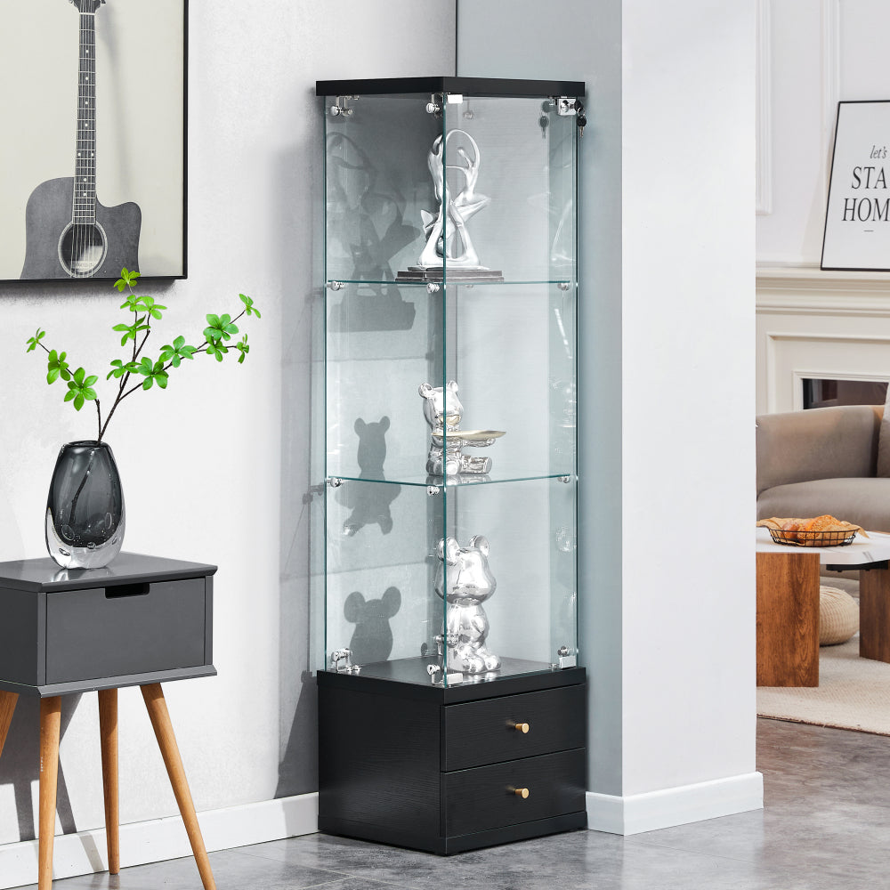 American-Style Non-Lit Glass Display Cabinet (0.2" Tempered Glass) – Soft-Close Drawer Slides 3 Adjustable Shelves, Ideal for Display & Storage