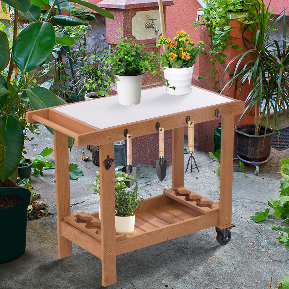 Outdoor Wooden Garden Cart Table with Wheels, Metal Top and Storage Hook, for Patio Backyard Garden