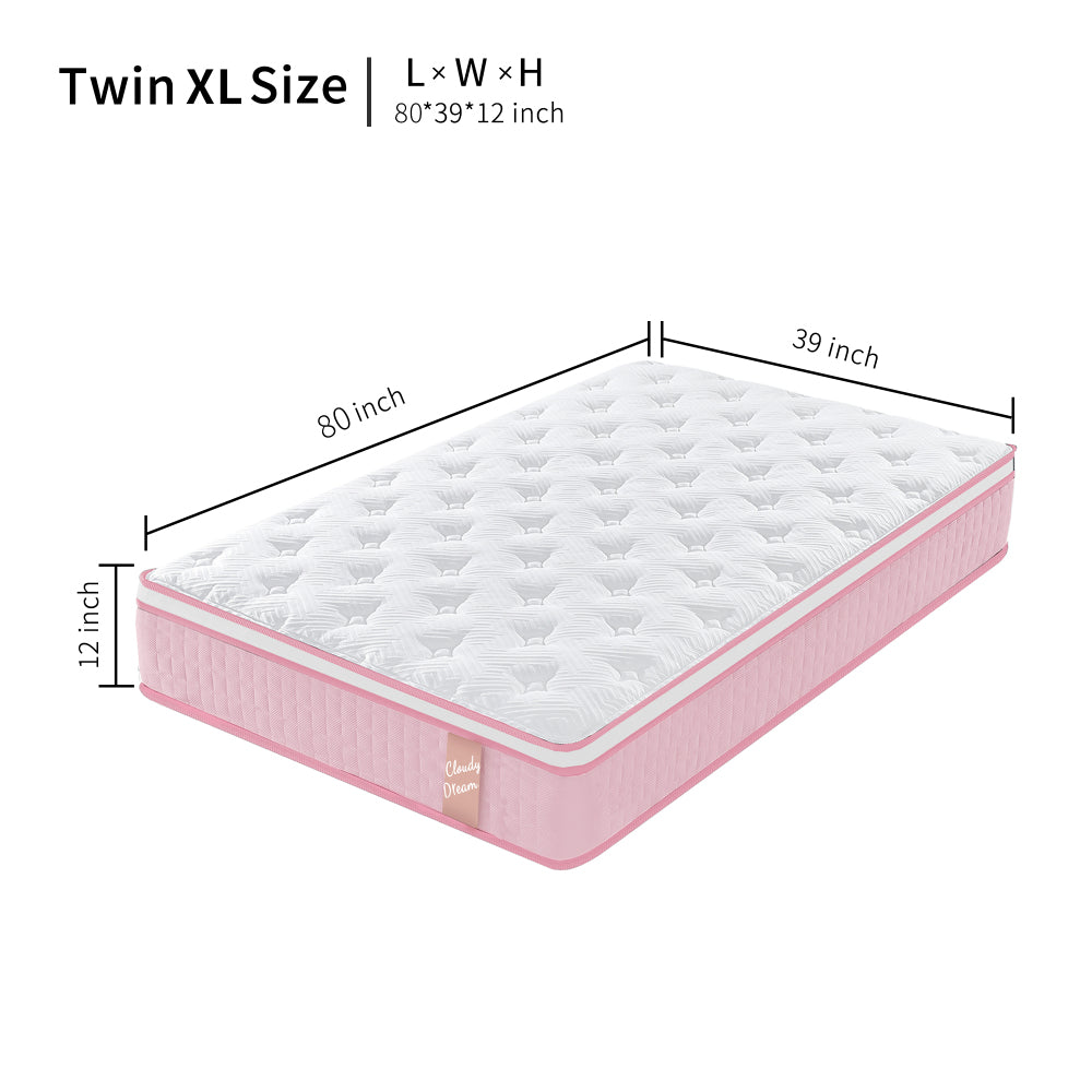 TWIN XL 12 Inch Hybrid Mattress Individual Pocket Spring Memory Foam Cool Knitted Cover CertiPUR-US Pink