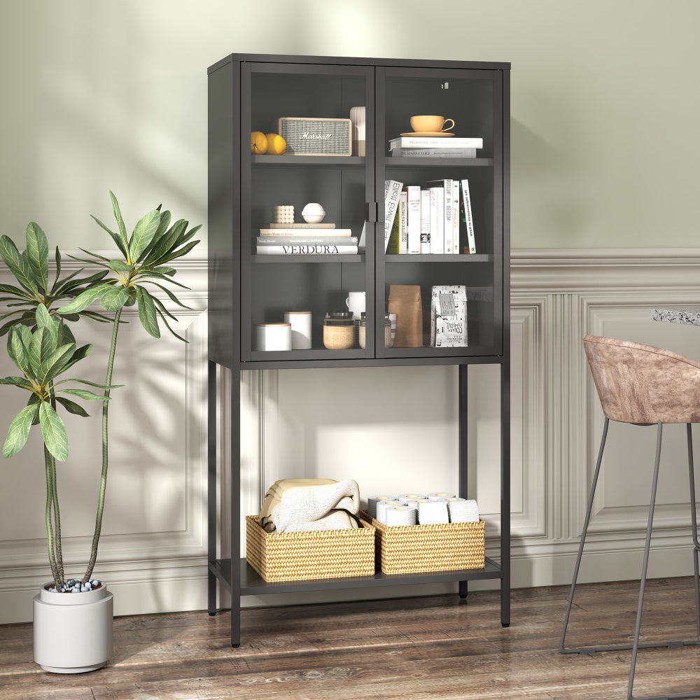 59"H Heavy Duty Metal Storage Cabinet,Sideboards & Buffet,Display Storage Cabinet with Glass Doors and 2 Adjustable Shelves, Tall Bookcase Modern Bookshelf Cabinet for Home Office, Living Room