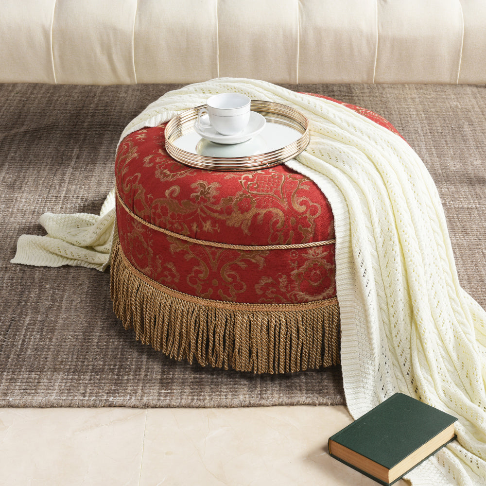 Yolanda 24" Round Upholstered Accent Ottoman, Peach Orange Velvet with Gold Trim