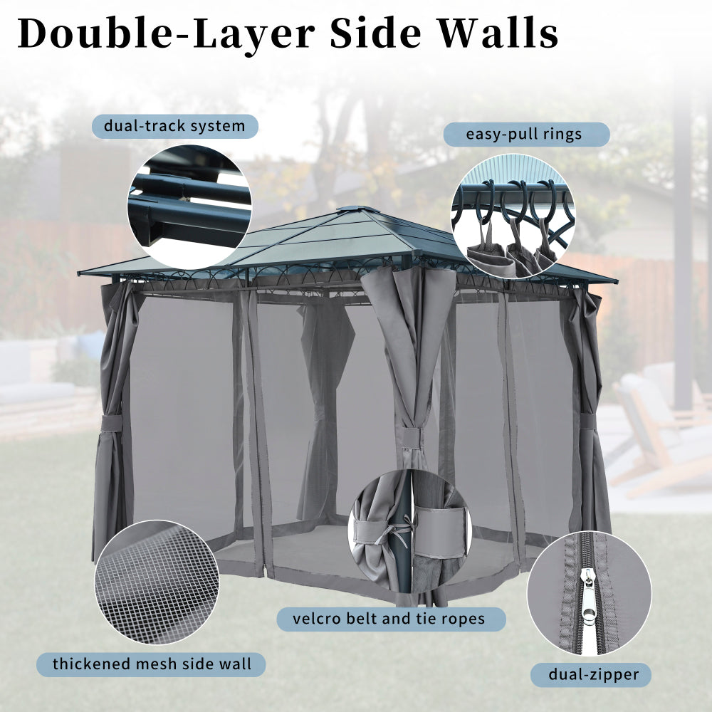 TREXM 10'x10' Hardtop Outdoor Gazebo with Polycarbonate Roof, Patio Gazebo with Aluminum Frame, Mosquito Netting and Privacy Screens for Shade and Rain, Backyard Tent for Backyard, Garden, Lawn (Grey)