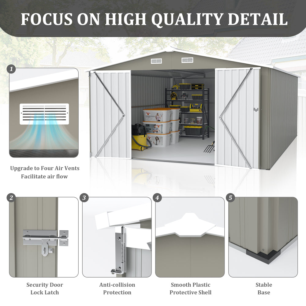 Campcraft Outdoor Storage Shed 10×14 FT with 3 Lockable Doors,Utility Tool Shed Metal Storage Garden Sheds Frame and 4 Vents,for Backyard,Patio,Lawn,Light Grey