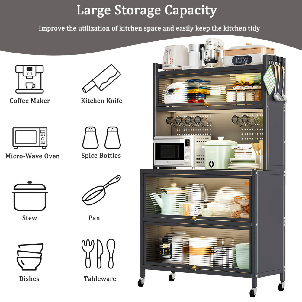 64" Kitchen Pantry Storage Cabinet, 5 Tier Metal Storage Cabinet with Wheels, Transparent Flap Door & DIY Hole Board , Kitchen Storage Bakers Rack, for Kitchen, Living Room and Dining Room, Gray