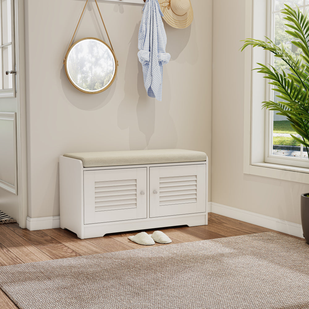 28.74"Shoe Storage Bench with 2 Door Cabinet, Entryway Bench with White Shoe Storage, Shoe Bench with Cushion, Adjustable Shelves, Shoe Rack Bench for Entryway, Hallway