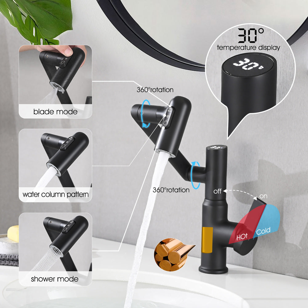 Bathroom Sink Faucet with Spray Function, Temperature Display, Anti-Slip Switch, Hot & Cold Controls, and 360° Swivel Spout