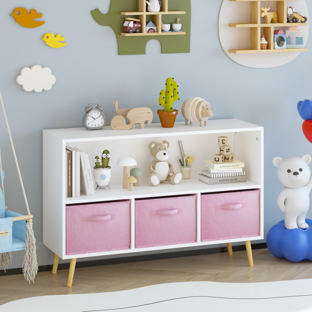 Kids bookcase with Collapsible Fabric Drawers, Children's Book Display, Toy Storage Cabinet Organizer, White/Gray