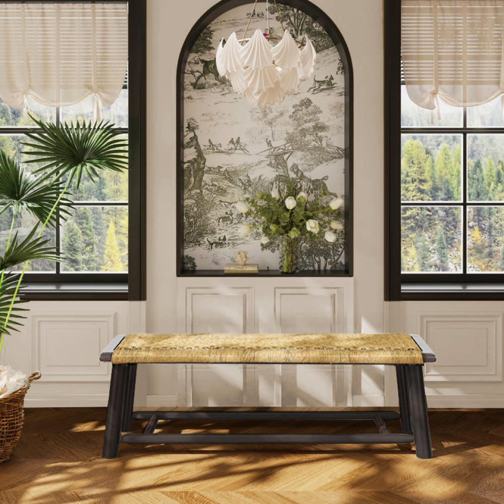 Farmhouse Modern Solid Wood Rattan Bench - 59 Inch Indoor & Covered Outdoor Bench Champagne Finish Multi-Functional Design