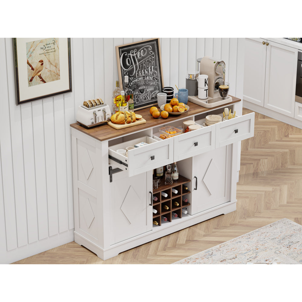 Farmhouse Buffet Cabinet with Storage, Sideboard Cabinet with 2 Doors and 3 Drawers, Rustic Storage Cabinet with Sliding Barn Door, Coffee Storage Cabinet for Dining Room, Living Room