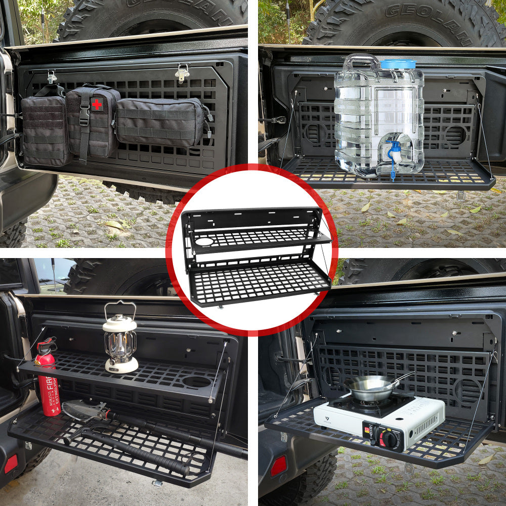 2-Tier Tailgate Table Rear Foldable Storage Cargo Rack Outdoor Camping Desk for 2007-2022 Jeep Wrangler JK&JL 4 Door (Not Fit JK Models with Stock Subwoofer)