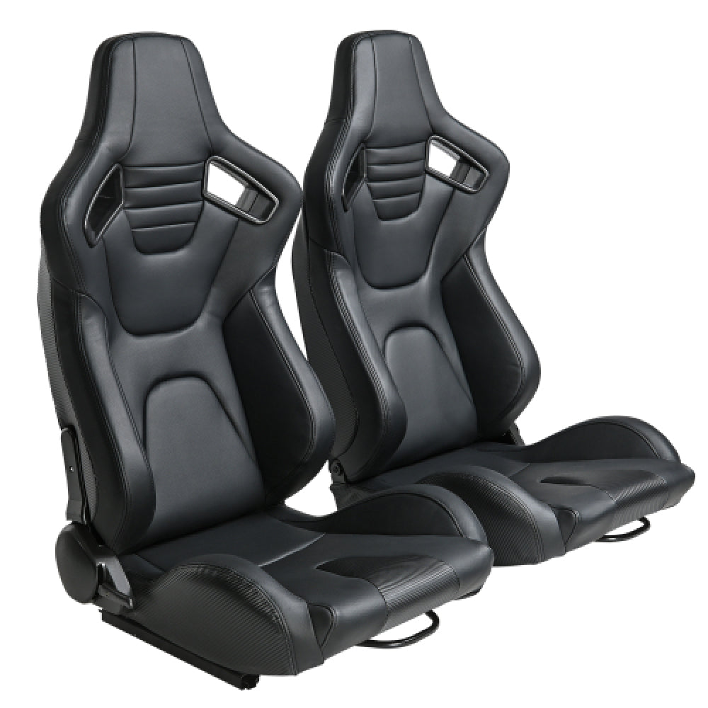 2PC New Universal Bucket Racing Seats Red Stitch Red PVC Leather Reclinable Carbon Look Leather Back With Adjustor Slider(Not Including Seat Bracket ) 1 box of 2 pieces
