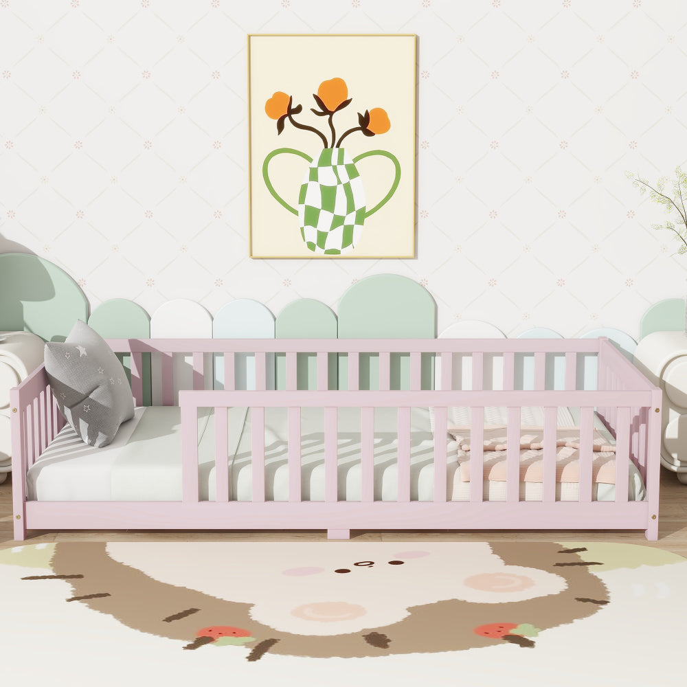 Twin Size Floor Bed with Fence without Door, Rubber Wood Floor Bed with Safety Guardrails,White