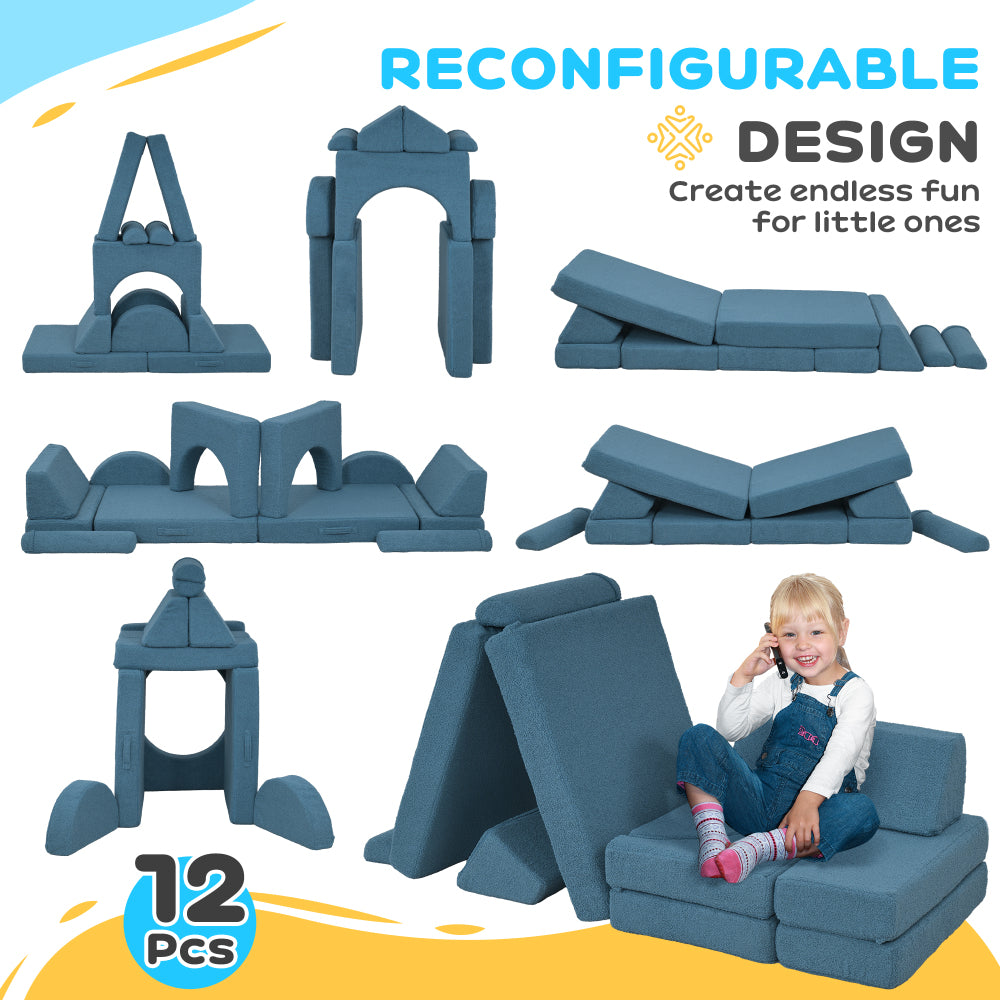 Qaba 12 Pcs Kids Modular Couch, Toddlers Couch Child Sectional Sofa, Playroom Bedroom Furniture for Boys and Girls, Blue