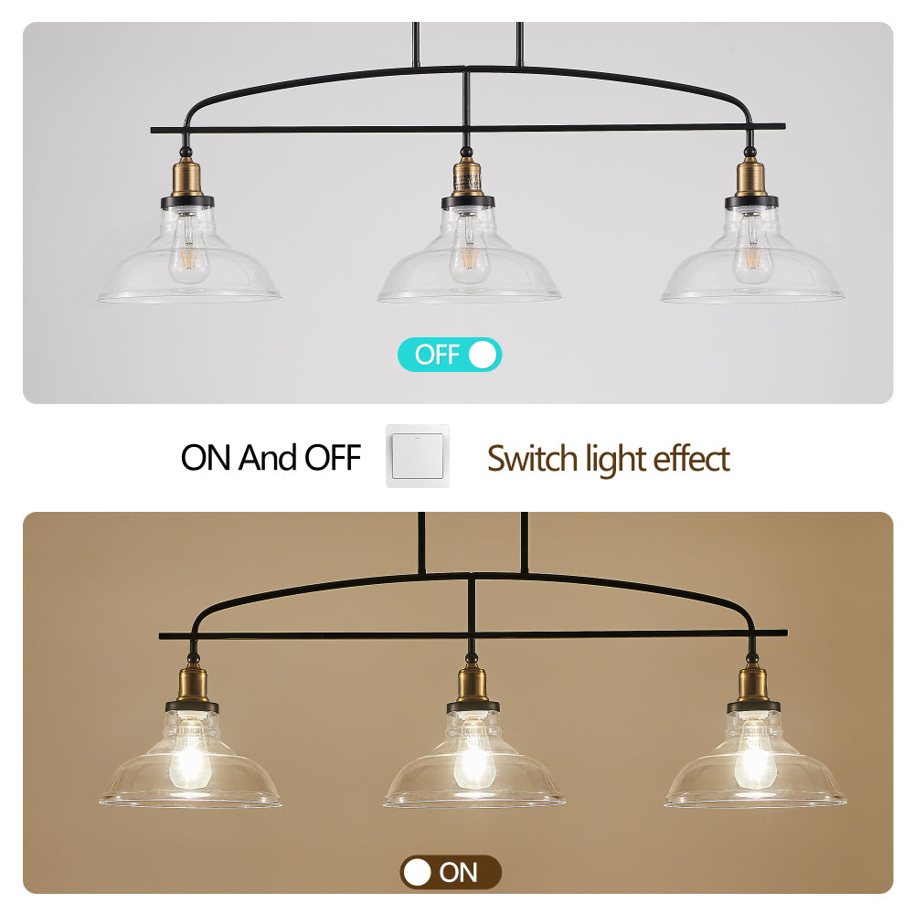 45" Industrial 3-Light Pendant Chandelier with Clear Glass Shades, Black Metal Frame, Adjustable Height, Modern Farmhouse Lighting for Kitchen Island, Dining Room, or Living Room (Bulb Not Included)