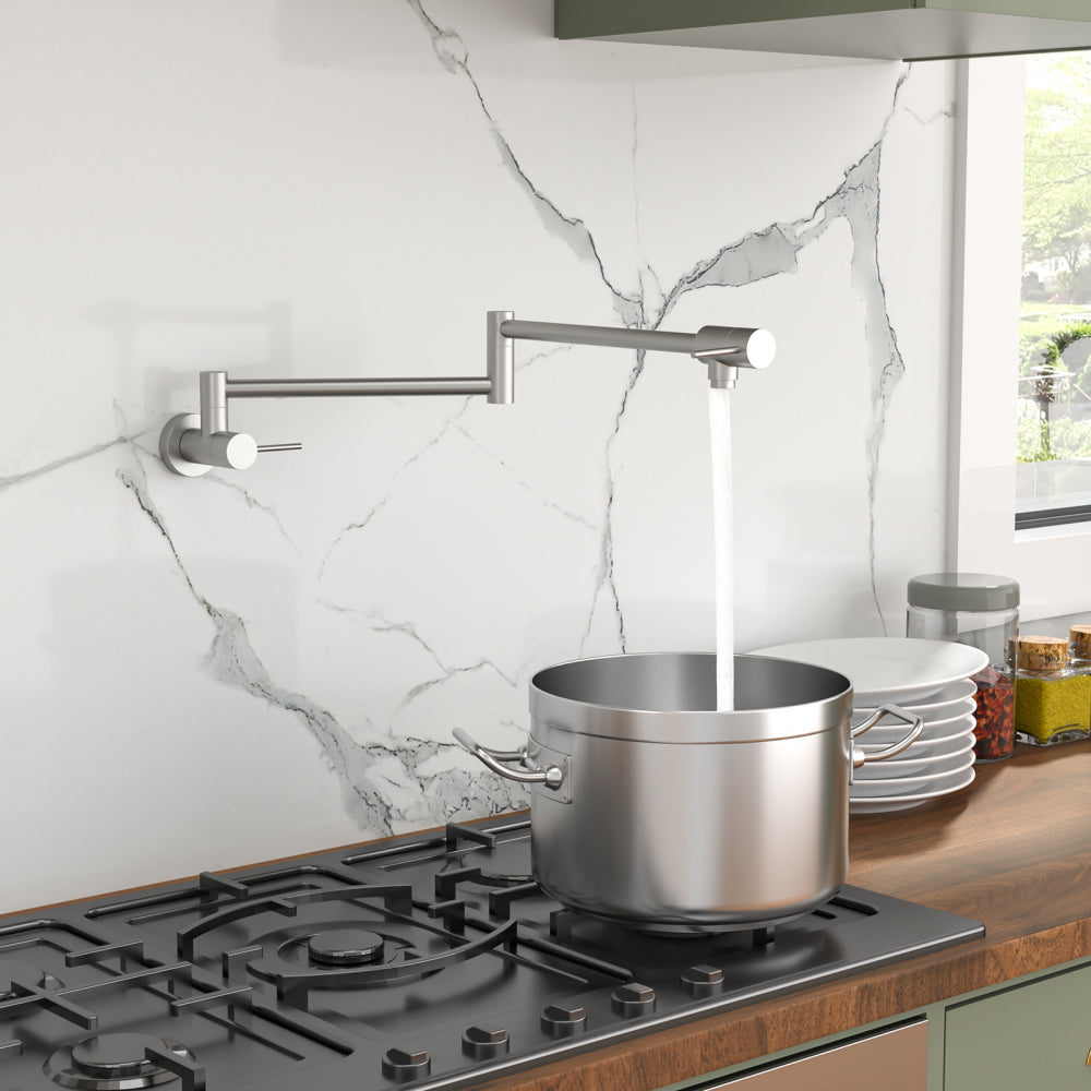 Pot Filler Faucet - Wall Mount Kitchen Sink Faucet Folding Stretchable with Single Hole Two Handles, Brushed Nickel