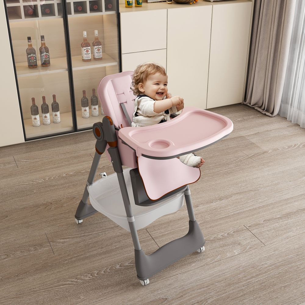 Adjustable Baby High Chair 0-6 Years – Portable Infant Feeding Seat with Safety Belt, Silent Lockable Wheels & Easy-Clean Design for Home, Dining, Living Room, Bedroom (Pink)
