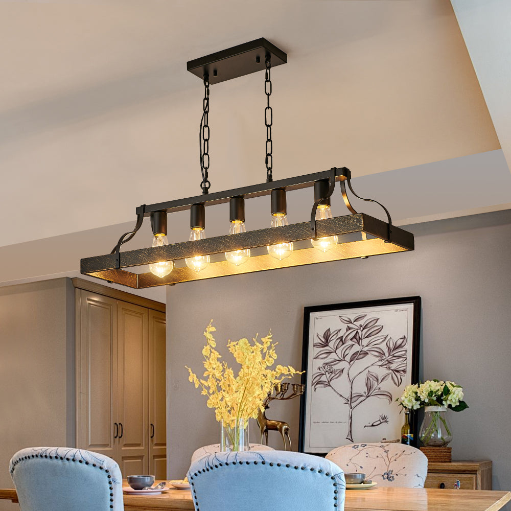 34-Inch Black Gold Vintage Pendant Light, 5 E26 Bulb Sockets, Adjustable Chain Height – Antique Style Chandelier for Dining Room, Kitchen, or Living Room (Bulb Not Included)